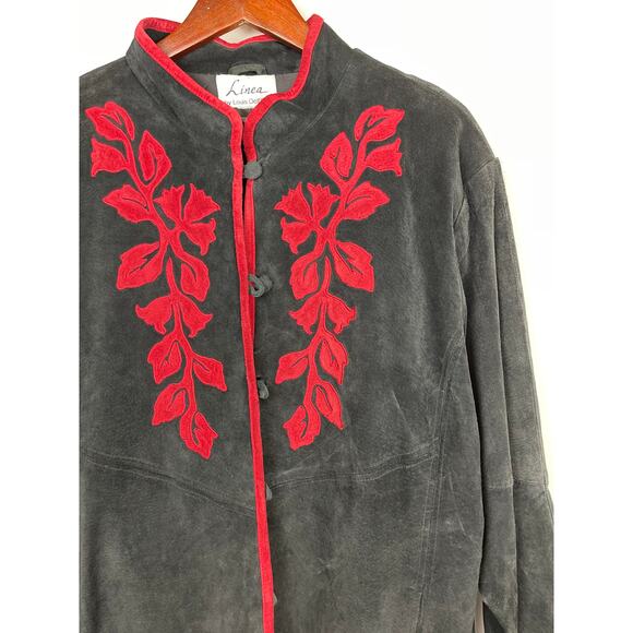 Womens Suede Jacket Black Red Floral Medium Linea by Louis Dell’Olio - Picture 4 of 12